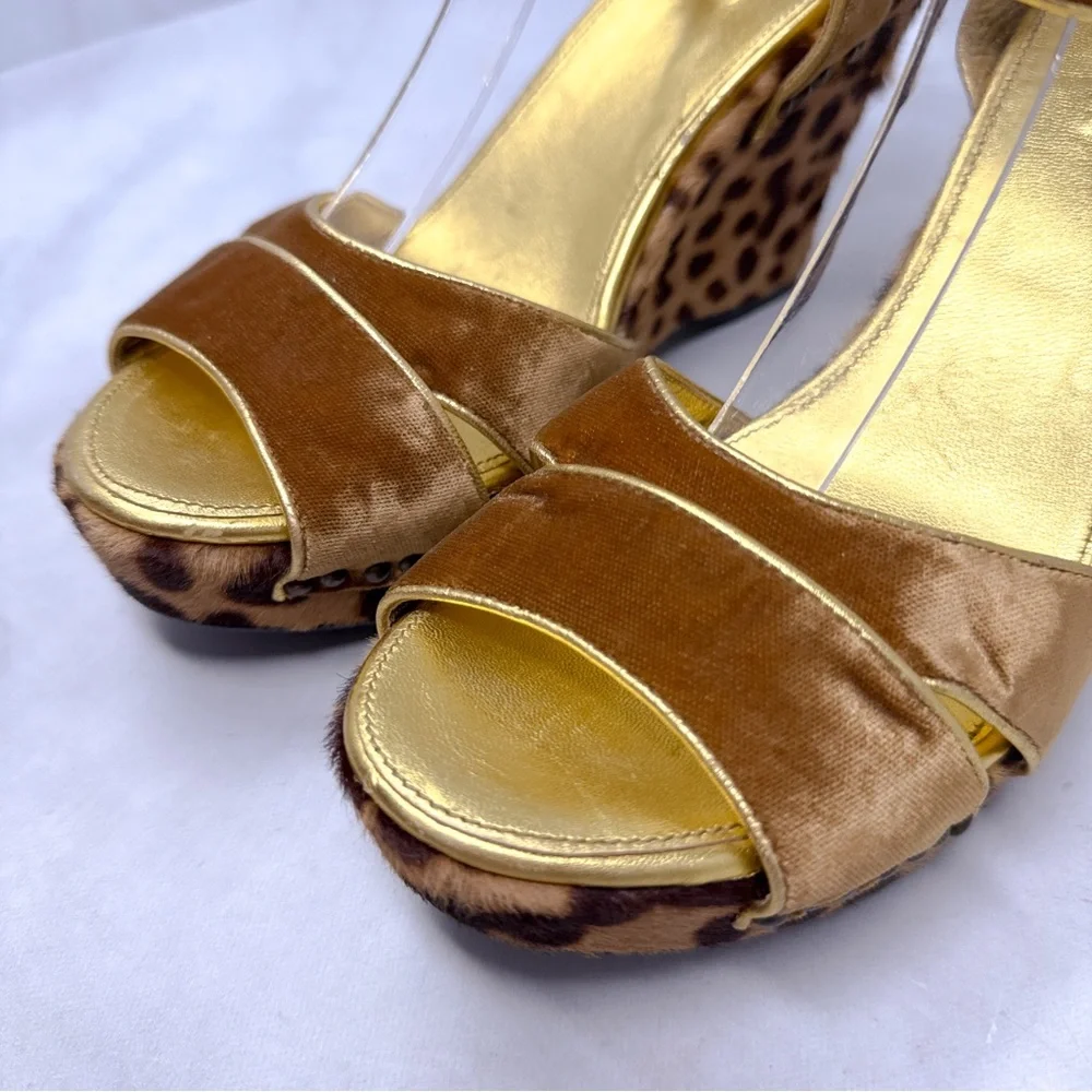 PRADA Vintage Y2K Velvet Leopard Calf Hair Leather Platform Wedge Sandal Heel 38